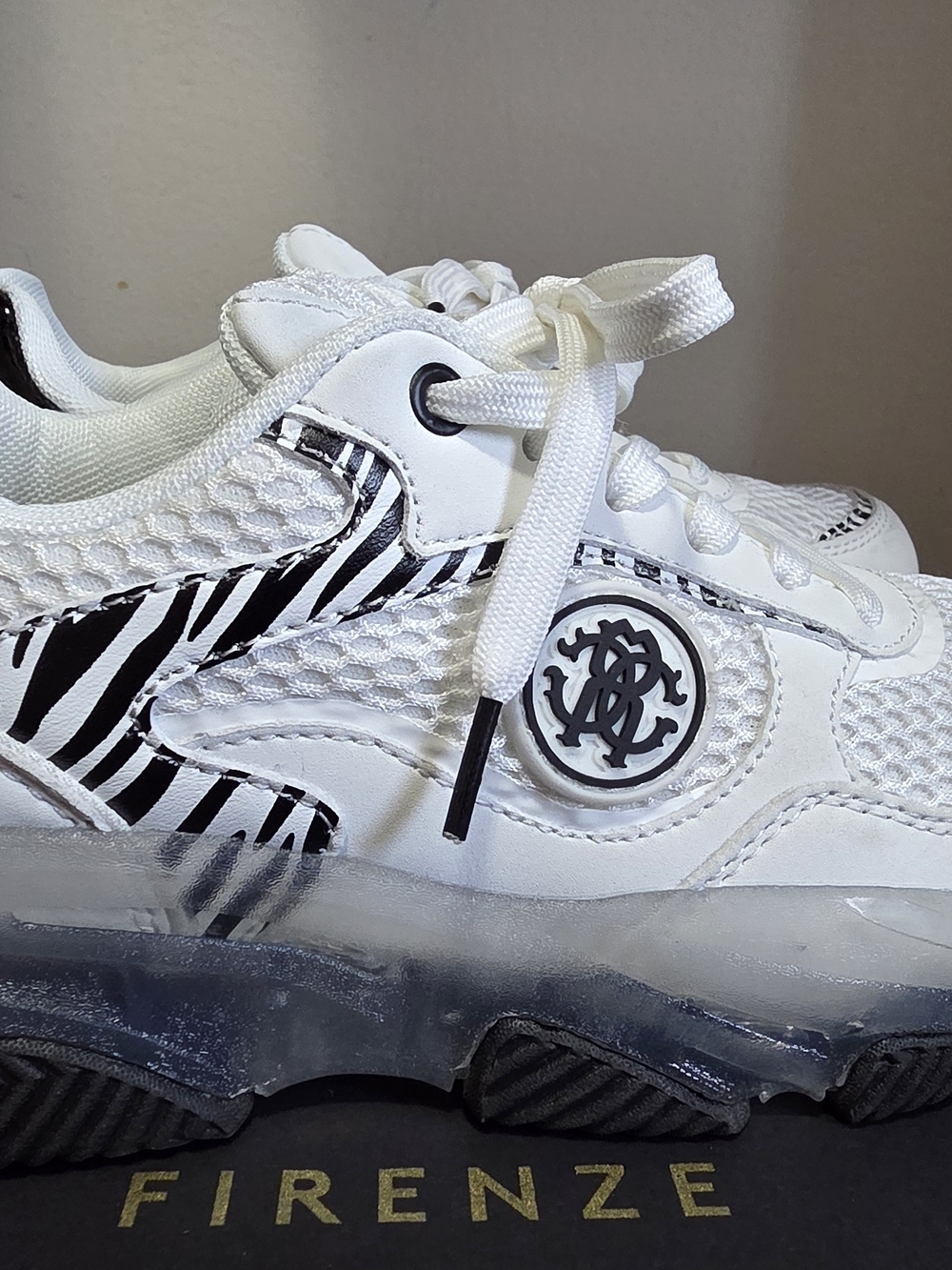Roberto Cavalli White Mesh Sneakers with Black Zebra Accent